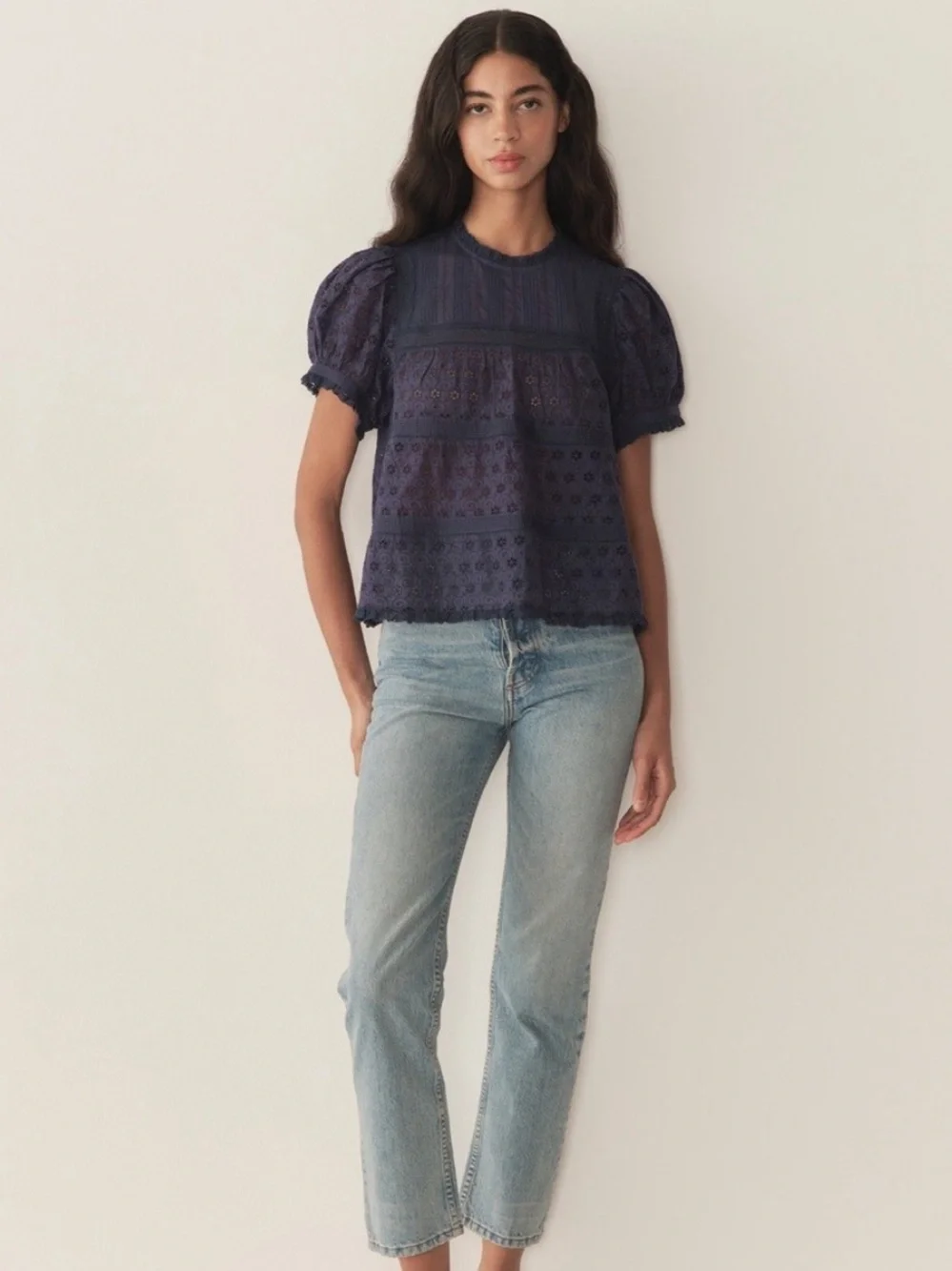 Doen Adeline Navy Embroidered Ruffle Cotton Top
